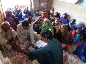 Village organization planning emergency evacuation as part of a DRR training in Thatta.